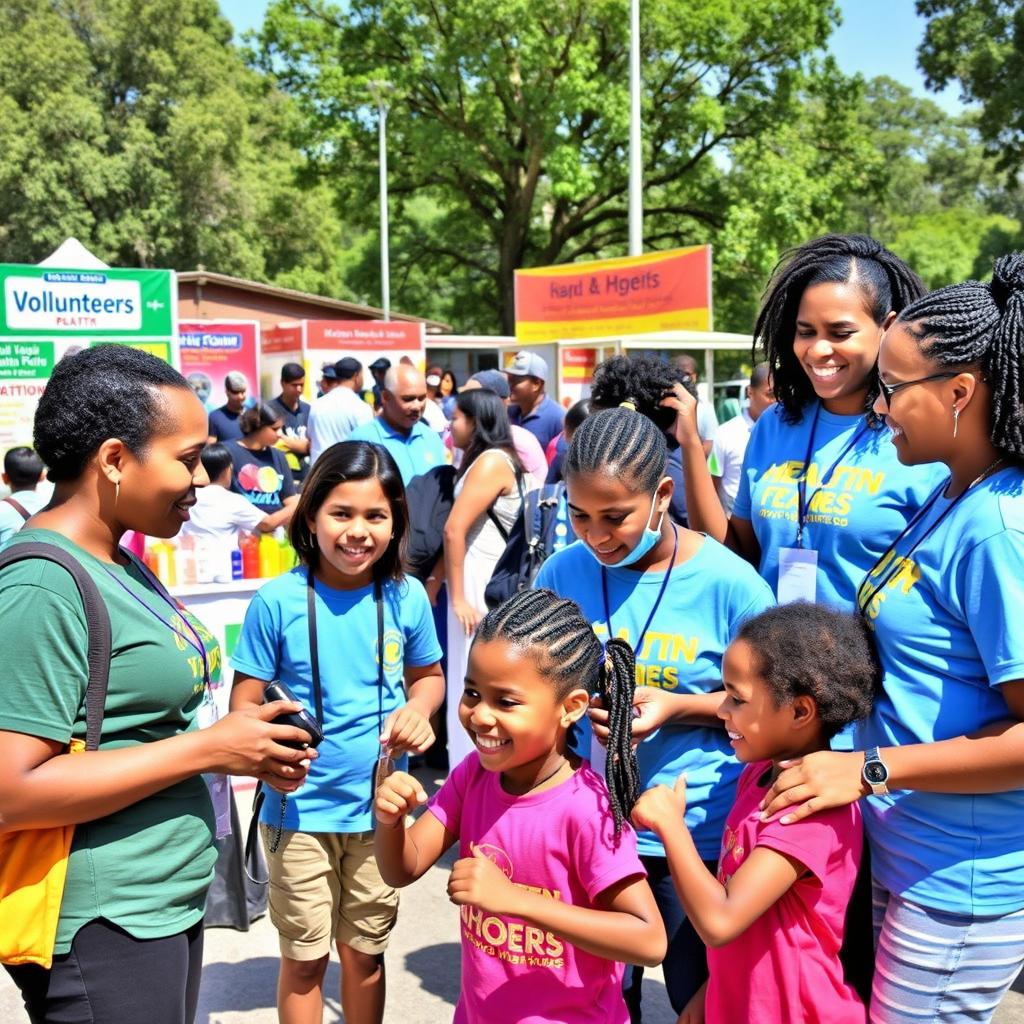 A dynamic scene showcasing health volunteers making a significant impact in a community