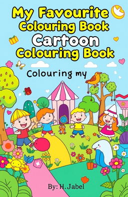 A vibrant and playful cover page for a children's colouring book with the title 'My Favourite Cartoon Colouring Book' prominently displayed at the top in bold, cheerful font