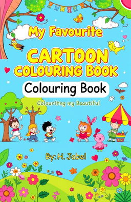 A vibrant and playful cover page for a children's colouring book with the title 'My Favourite Cartoon Colouring Book' prominently displayed at the top in bold, cheerful font
