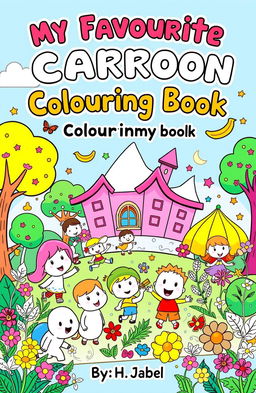 A vibrant and playful cover page for a children's colouring book with the title 'My Favourite Cartoon Colouring Book' prominently displayed at the top in bold, cheerful font