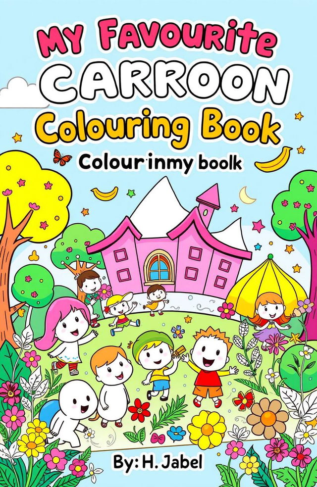 A vibrant and playful cover page for a children's colouring book with the title 'My Favourite Cartoon Colouring Book' prominently displayed at the top in bold, cheerful font