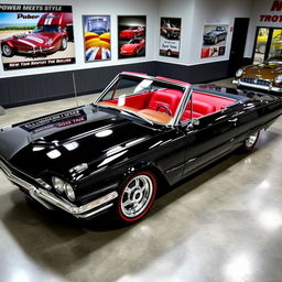 A classic 1965 black Ford Thunderbird Hotrod parked in an automotive showroom, showcasing its sleek lines and powerful stance