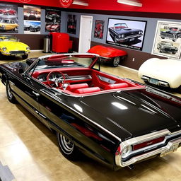 A classic 1965 black Ford Thunderbird Hotrod parked in an automotive showroom, showcasing its sleek lines and powerful stance