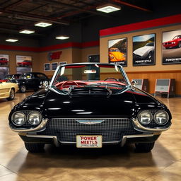 A classic 1965 black Ford Thunderbird Hotrod parked in an automotive showroom, showcasing its sleek lines and powerful stance
