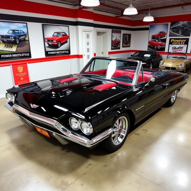 A classic 1965 black Ford Thunderbird Hotrod parked in an automotive showroom, showcasing its sleek lines and powerful stance