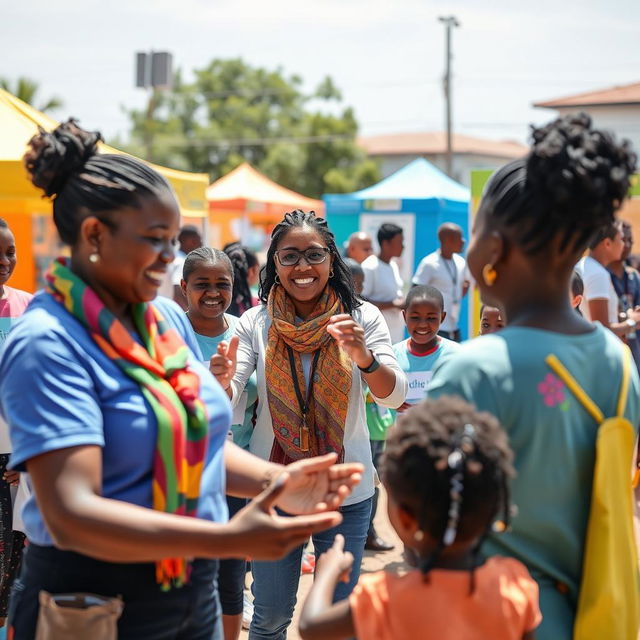 A vibrant scene depicting health volunteers making a significant impact in a community setting