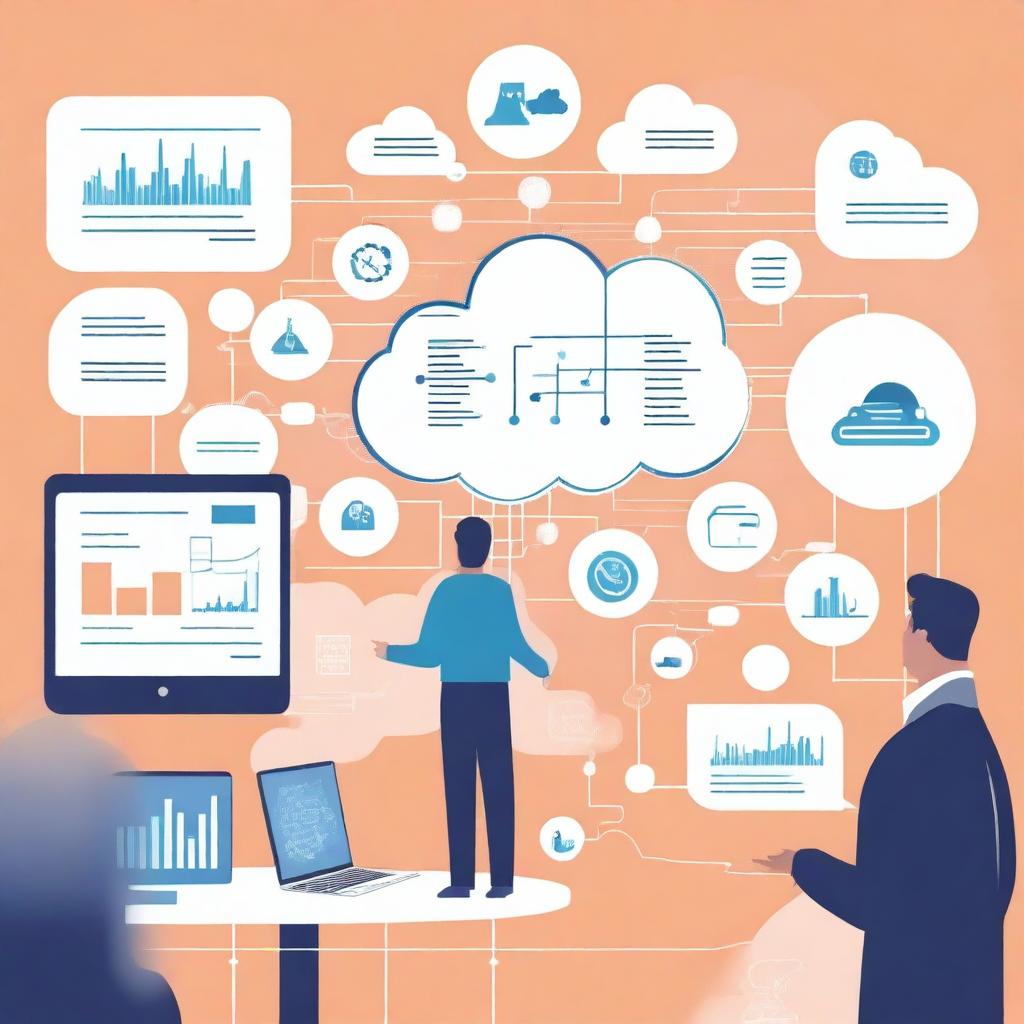 A digital art image showing a confident man, Arthur, standing near a flipchart filled with diagrams and graphs symbolizing digital transformation and IT projects