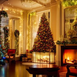 Festively decorated hotel interior for Christmas with glowing lights, Christmas trees, red and gold ornaments, lush green garlands, and warm fireplace