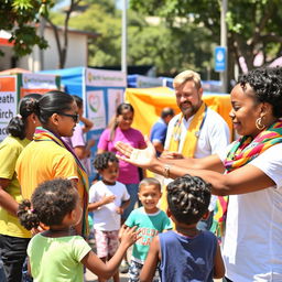 A vibrant scene depicting health volunteers making a significant impact in a community setting