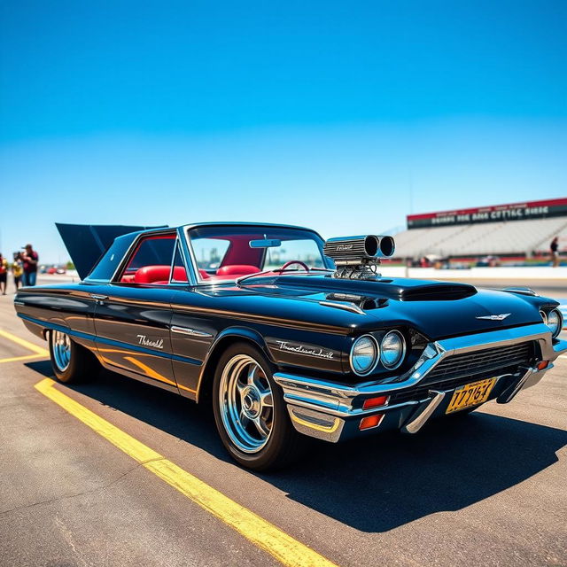 A stunning 1965 black Ford Thunderbird Hotrod dragster featuring a striking red interior