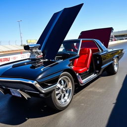 A stunning 1965 black Ford Thunderbird Hotrod dragster featuring a striking red interior