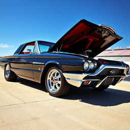 A stunning 1965 black Ford Thunderbird Hotrod dragster featuring a striking red interior