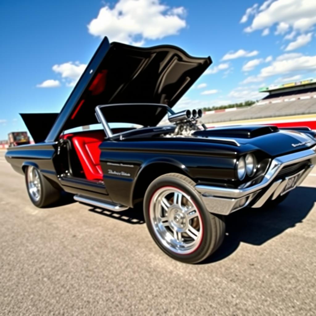 A stunning 1965 black Ford Thunderbird Hotrod dragster featuring a striking red interior