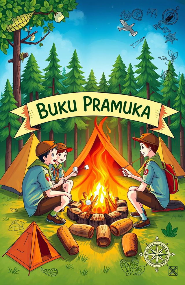 A beautifully illustrated cover of a boy scout handbook (buku pramuka) featuring adventurous scout activities such as camping, hiking, and outdoor survival skills