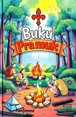 A beautifully illustrated cover of a boy scout handbook (buku pramuka) featuring adventurous scout activities such as camping, hiking, and outdoor survival skills