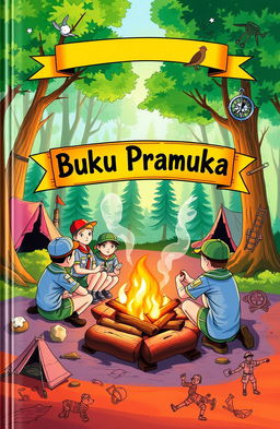 A beautifully illustrated cover of a boy scout handbook (buku pramuka) featuring adventurous scout activities such as camping, hiking, and outdoor survival skills