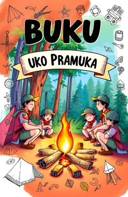 A beautifully illustrated cover of a boy scout handbook (buku pramuka) featuring adventurous scout activities such as camping, hiking, and outdoor survival skills