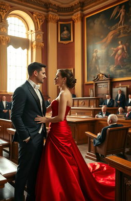 An elegant scene in a grand Supreme Court chamber, depicting a high society romance unfolding