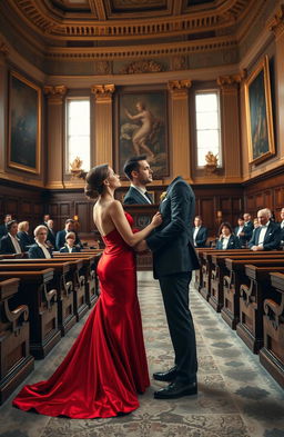 An elegant scene in a grand Supreme Court chamber, depicting a high society romance unfolding