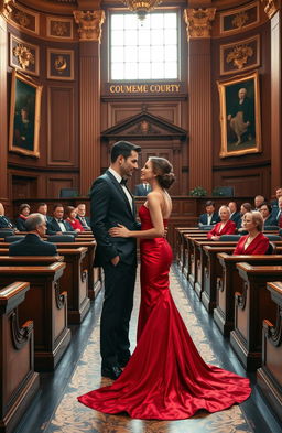 An elegant scene in a grand Supreme Court chamber, depicting a high society romance unfolding