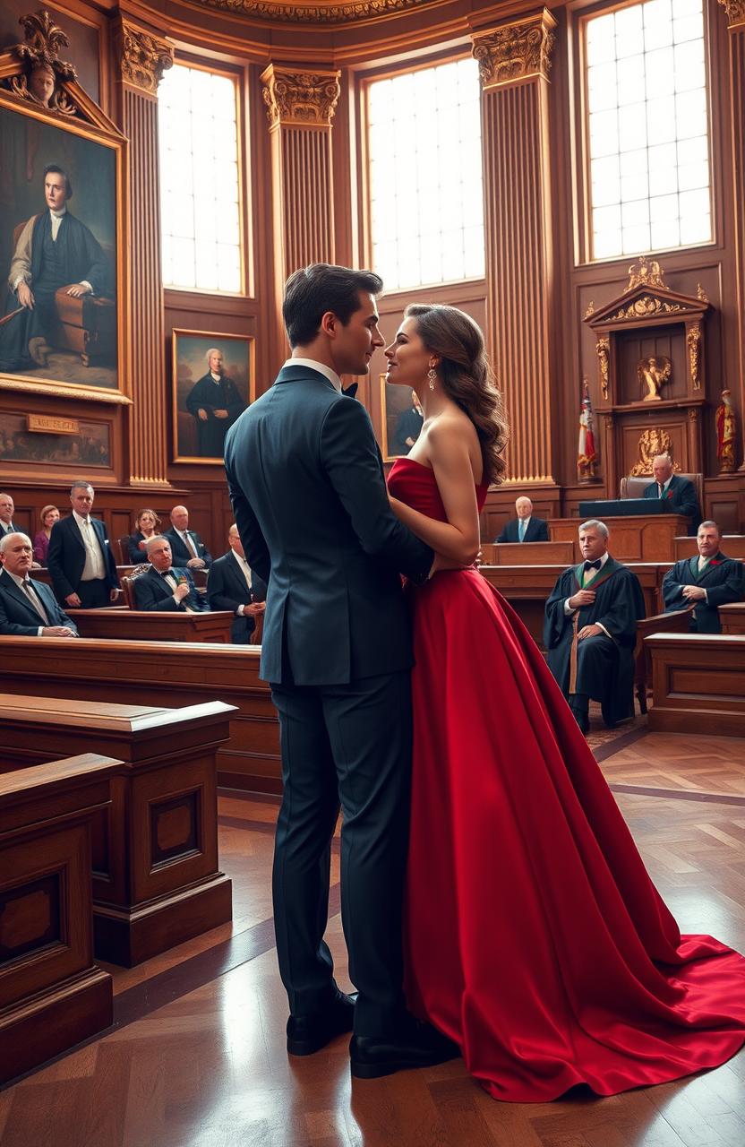 An elegant scene in a grand Supreme Court chamber, depicting a high society romance unfolding