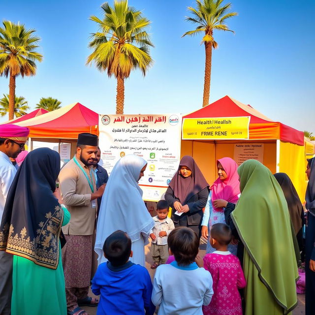 A heartwarming scene depicting health volunteers making a significant impact in a Muslim country