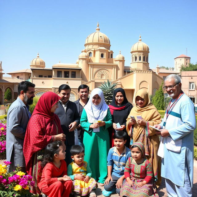 A vibrant scene set in Iran, showcasing health volunteers making a significant impact in a local community