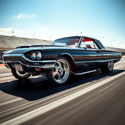 A stunning 1965 black Ford Thunderbird Hotrod drag car featuring a striking red interior