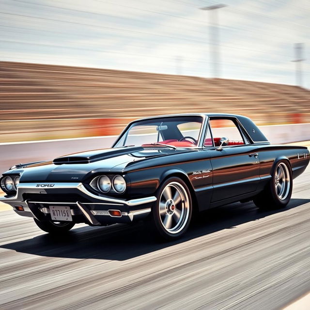 A stunning 1965 black Ford Thunderbird Hotrod drag car featuring a striking red interior