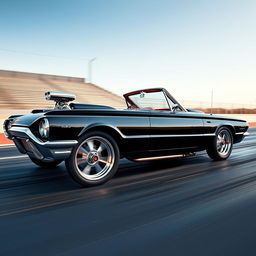 A stunning 1965 black Ford Thunderbird Hotrod drag car featuring a striking red interior