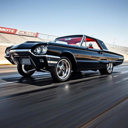 A stunning 1965 black Ford Thunderbird Hotrod drag car featuring a striking red interior