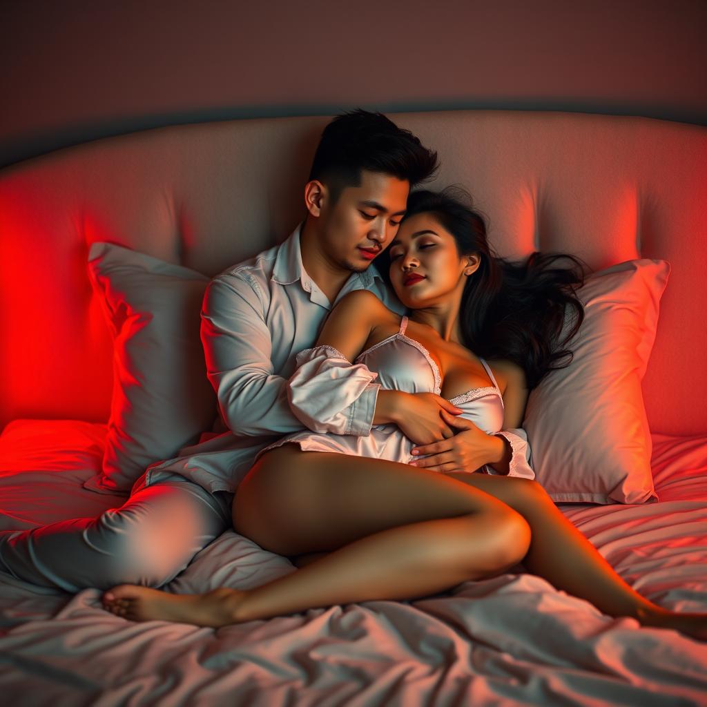 In a cozy bedroom at night, a Chinese man lies down, wrapping his arms around a beautiful, sexy woman dressed in chic pajamas