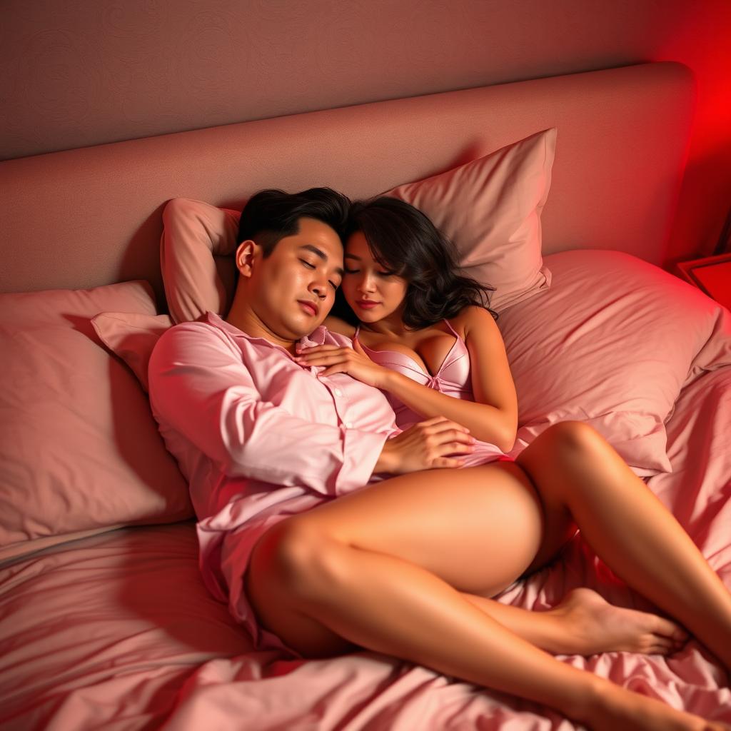 In a cozy bedroom at night, a Chinese man lies down, wrapping his arms around a beautiful, sexy woman dressed in chic pajamas