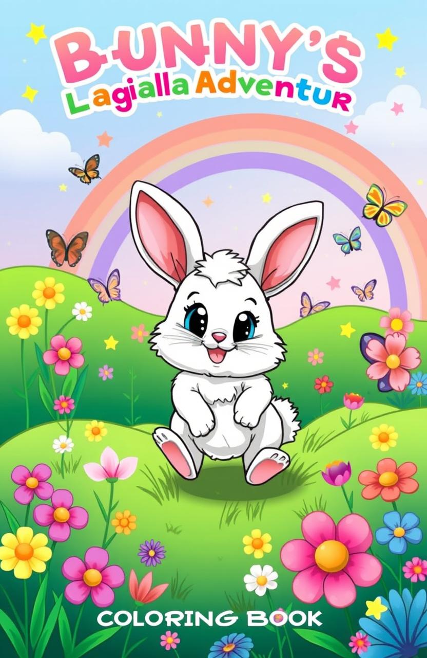 A charming coloring book cover for kids titled "Bunny's Magical Adventure" featuring a cute, fluffy bunny with big expressive eyes, surrounded by a whimsical landscape filled with colorful flowers, vibrant butterflies, and sparkling stars