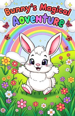 A charming coloring book cover for kids titled "Bunny's Magical Adventure" featuring a cute, fluffy bunny with big expressive eyes, surrounded by a whimsical landscape filled with colorful flowers, vibrant butterflies, and sparkling stars