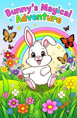 A charming coloring book cover for kids titled "Bunny's Magical Adventure" featuring a cute, fluffy bunny with big expressive eyes, surrounded by a whimsical landscape filled with colorful flowers, vibrant butterflies, and sparkling stars