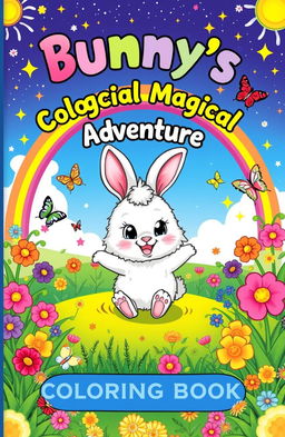 A charming coloring book cover for kids titled "Bunny's Magical Adventure" featuring a cute, fluffy bunny with big expressive eyes, surrounded by a whimsical landscape filled with colorful flowers, vibrant butterflies, and sparkling stars