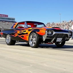 A 1965 black Ford Thunderbird Hotrod drag car featuring a vivid red interior, adorned with large chrome wheels that gleam in the sunlight