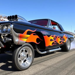 A 1965 black Ford Thunderbird Hotrod drag car featuring a vivid red interior, adorned with large chrome wheels that gleam in the sunlight