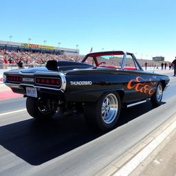 A 1965 black Ford Thunderbird Hotrod drag car featuring a vivid red interior, adorned with large chrome wheels that gleam in the sunlight