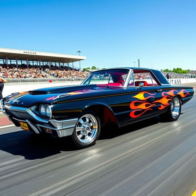 A 1965 black Ford Thunderbird Hotrod drag car featuring a vivid red interior, adorned with large chrome wheels that gleam in the sunlight