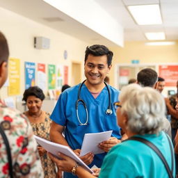 A healthcare volunteer working in a community clinic, wearing a bright blue scrubs with a stethoscope around their neck, actively assisting patients