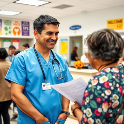 A healthcare volunteer working in a community clinic, wearing a bright blue scrubs with a stethoscope around their neck, actively assisting patients