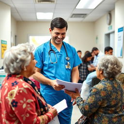 A healthcare volunteer working in a community clinic, wearing a bright blue scrubs with a stethoscope around their neck, actively assisting patients