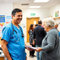 A healthcare volunteer working in a community clinic, wearing a bright blue scrubs with a stethoscope around their neck, actively assisting patients