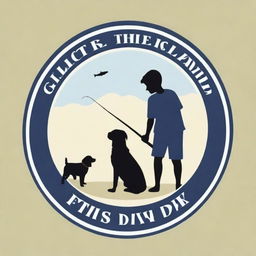 A high-quality, cinematic logo featuring a boy catching fish at the beach, accompanied by dogs, rendered in a realistic style