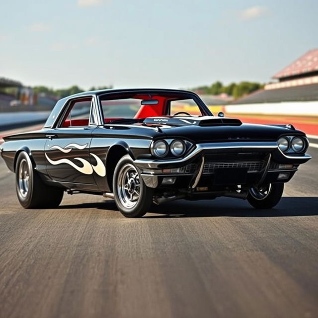 A vintage 1965 black Ford Thunderbird Hotrod drag car showcasing its impressive features