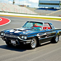 A vintage 1965 black Ford Thunderbird Hotrod drag car showcasing its impressive features