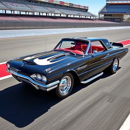 A vintage 1965 black Ford Thunderbird Hotrod drag car showcasing its impressive features