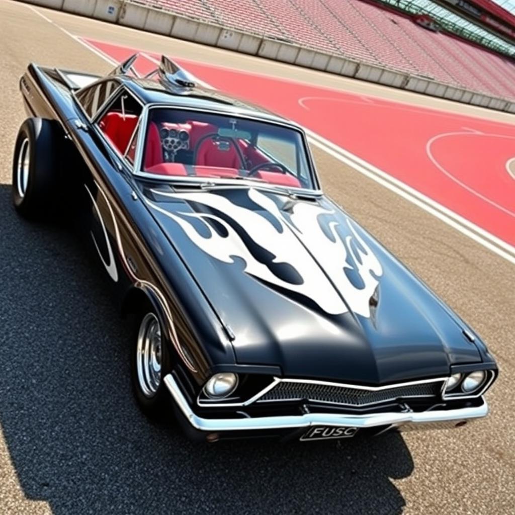 A vintage 1965 black Ford Thunderbird Hotrod drag car showcasing its impressive features